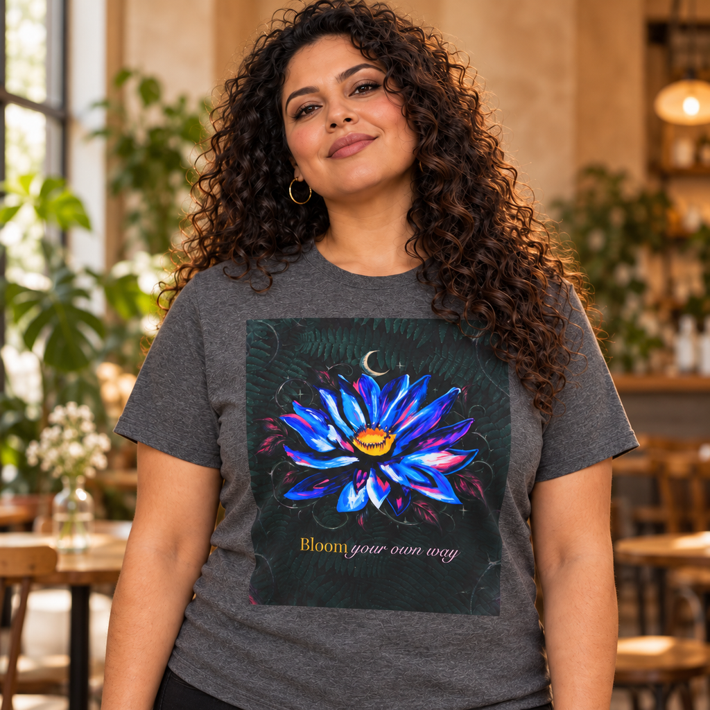 Camiseta con luna y flor de loto “Bloom Your Own Way”