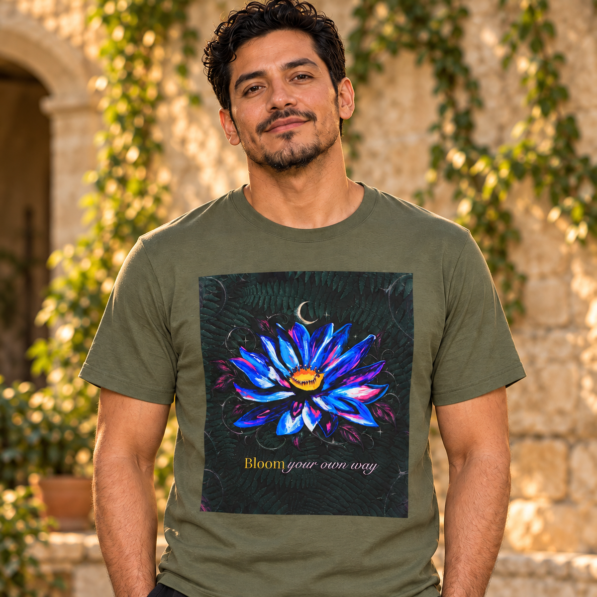 Camiseta con luna y flor de loto “Bloom Your Own Way”