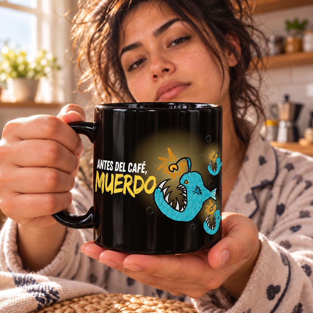 Taza negra con pez abisal “Antes del café, muerdo.” de Gabee