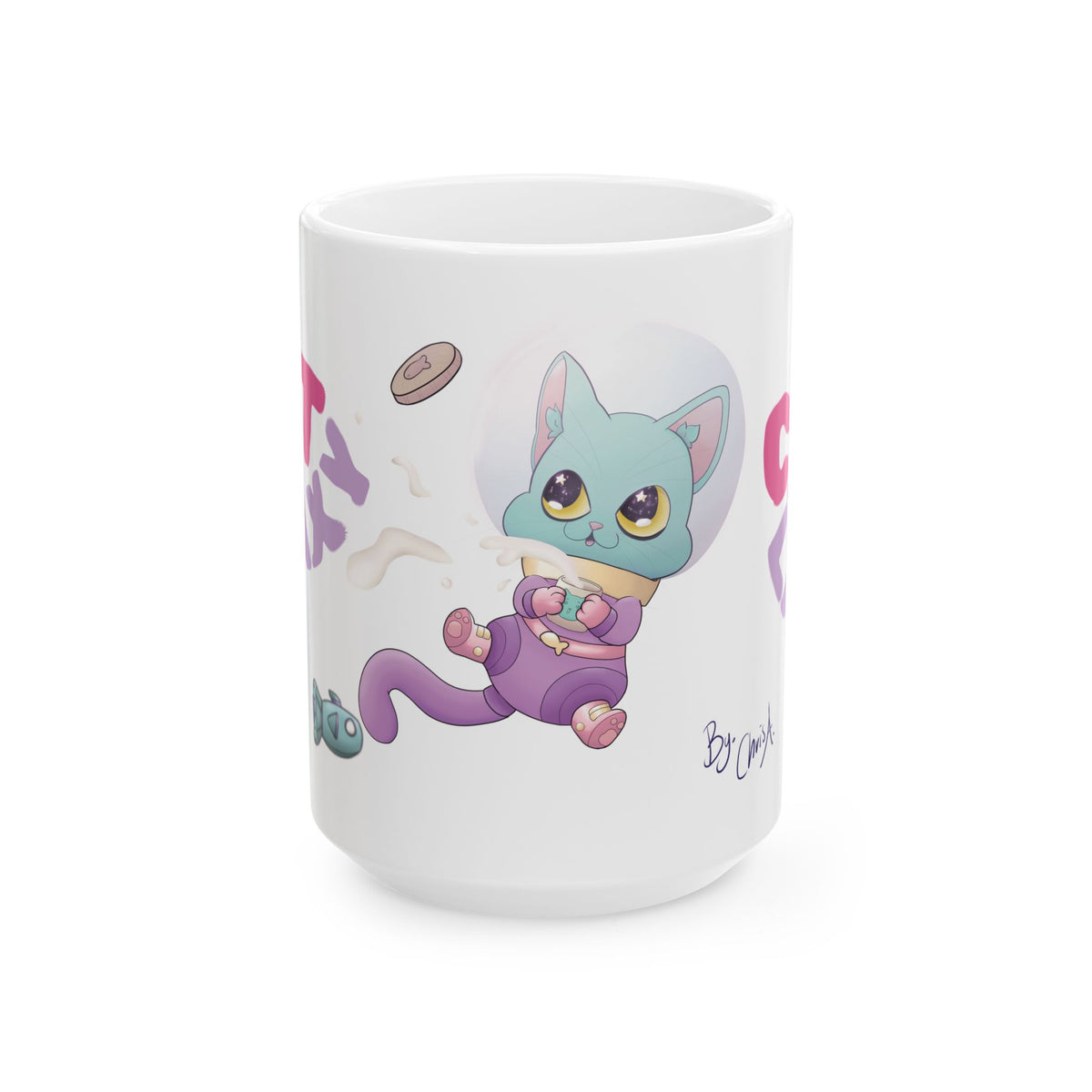 Taza de cerámica Cat Galaxy con gato espacial kawaii (15 oz)